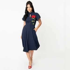 Unique Vintage NWT Navy Dress with Red Rose Detail - Size XL/14